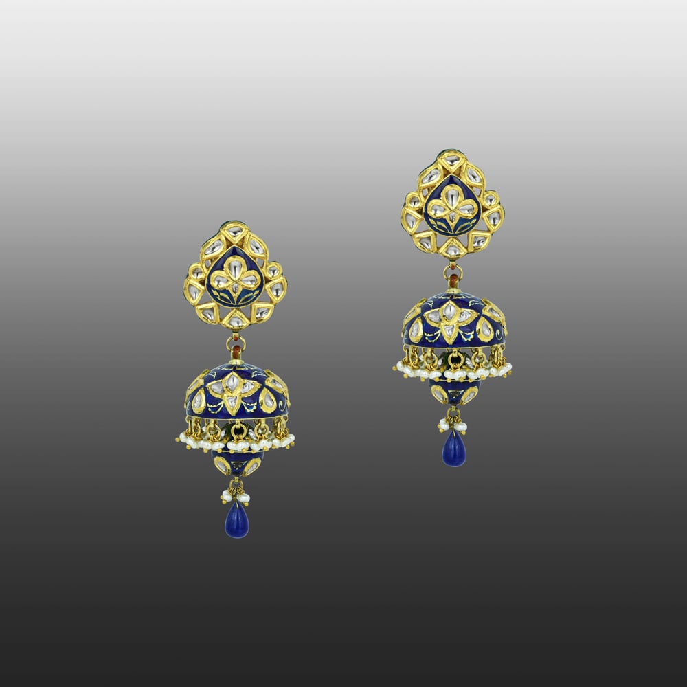 Blue Enamel Polki Jhumkas with Pearl Clusters